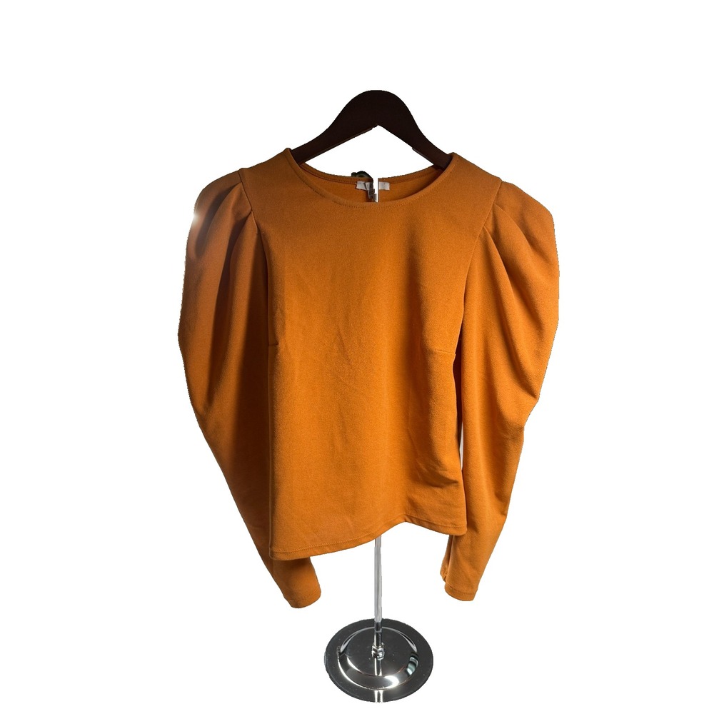 Iris Shirt Top Womens Medium Mustard Brown Stretch Puff Sleeve Crewneck IT91342